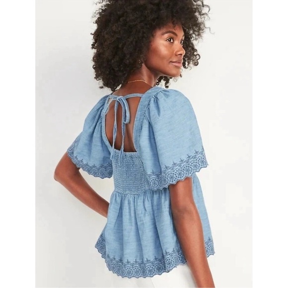 OLD NAVY Chambray Embroidered Peasant Top Smocked Back Flutter Sleeve Boho S NWT - Picture 13 of 13